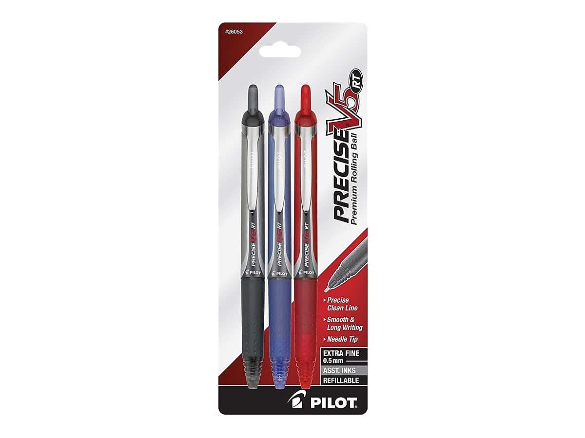 PILOT Precise V5 RT Refillable & Retractable Liquid Ink Rolling Ball Pens, Extra Fine Point (0.5mm) Black/Blue/Red Inks, 3-Pack (26053)