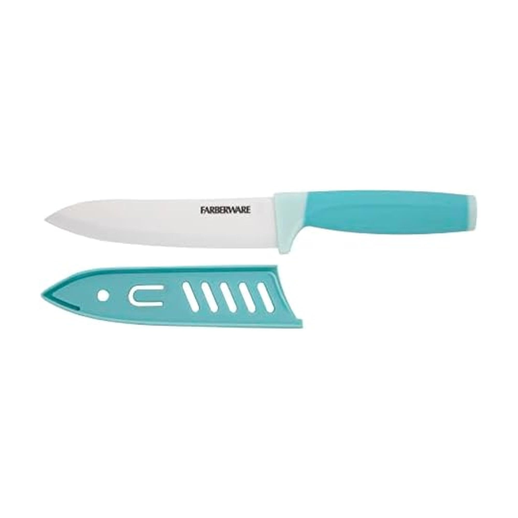 Farberware Ceramic Chef Knife with Custom-Fit Blade Cover, Razor-Sharp Kitchen Knife with Ergonomic, Soft-Grip Handle, Dishwasher-Safe, 6-inch, Aqua