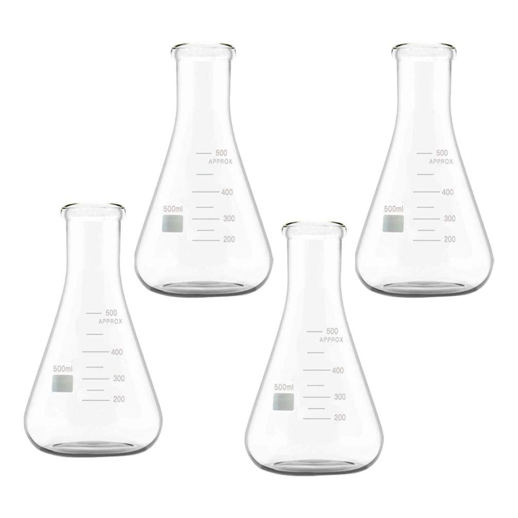 Hemobllo 4pcs Boiling Flask Flat Bottom Narrow Mouth Erlenmeyer Flasks Borosilicate Glass Laboratory Flasks Equipment for Chemistry Laboratory Supplies 500ml