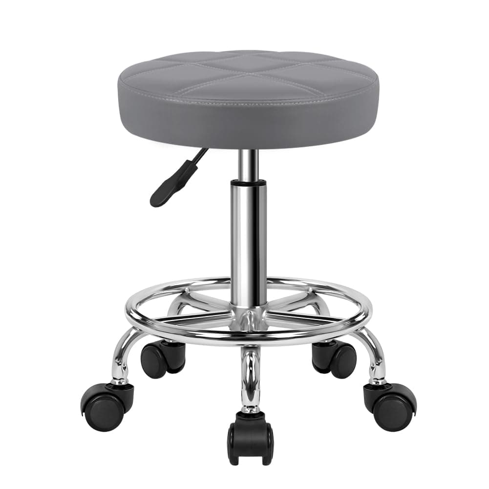Round Rolling Stool Chair PU Leather Height Adjustable Swivel Drafting Work SPA Shop Salon Stools with Wheels Office Chair Small (Gray)