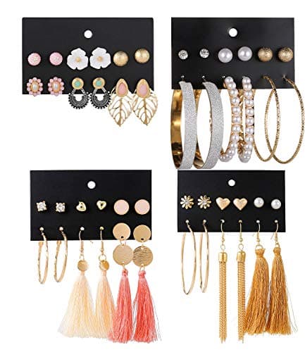 23-44 Pairs Assorted Multiple Stud Hoop Dangle Earrings Set Women Girls Acrylic Round Ball CZ Bohemian Long Tassel Drop Earrings Pack