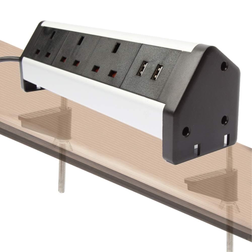 Desktop Power Socket Extension with 2 USB 3 UK Plug and 2 Mount Clamp for Office School