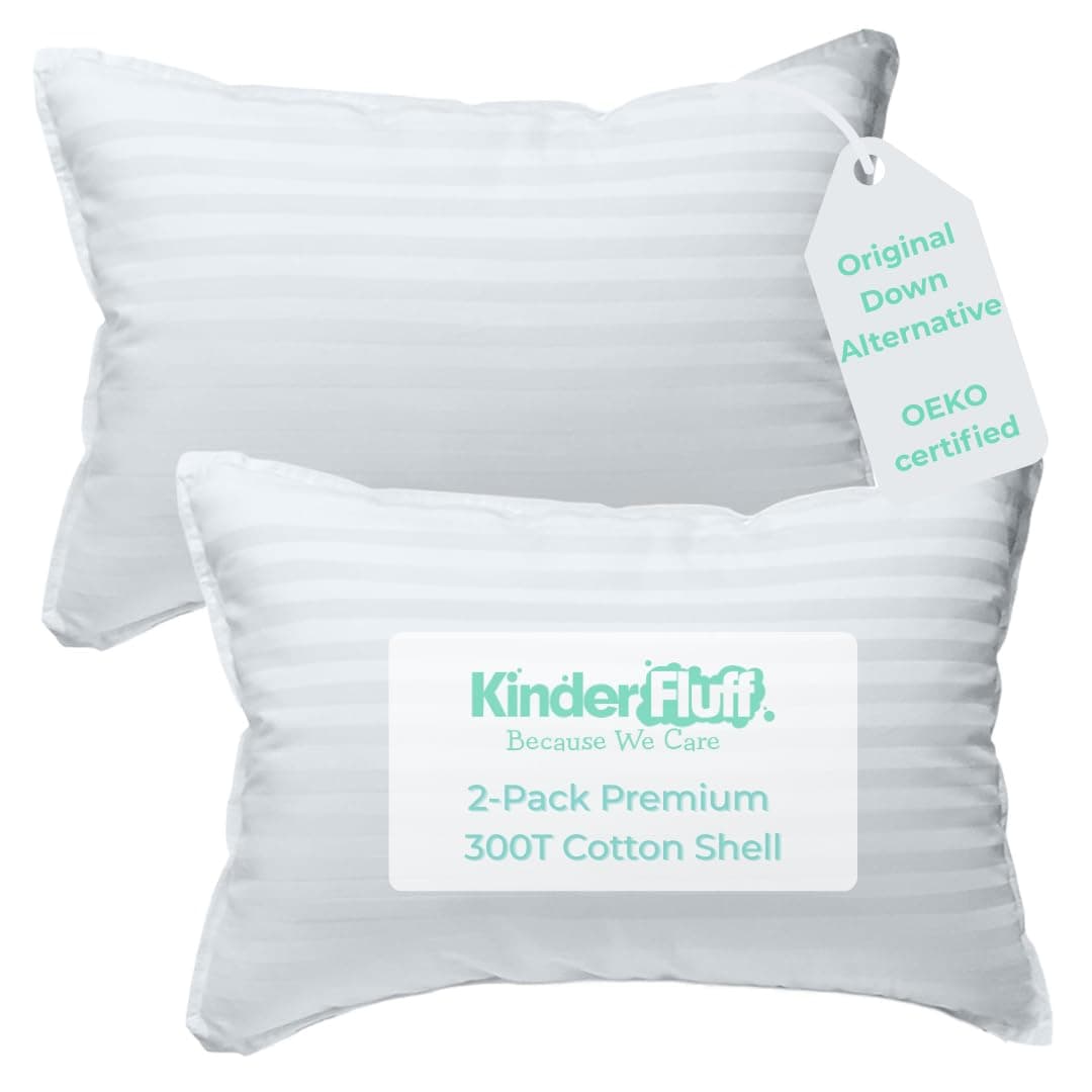 kinder Fluff Toddler Pillow (2pk) - The only Pillow for Kid 300T Soft Cotton & Down Alternative, Hypoallergenic & Machine Washable. Ideal Small Pillow for Toddler Bed & Travel pillow (33x46cm - White)