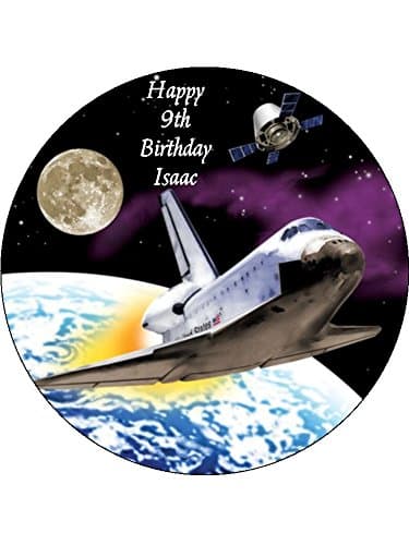 Outer Space Rocket Edible Icing Cake Topper Circle[Please use the 'Gift Option' or the 'Contact Seller' in the 'Your Orders' section of Amazon to tell us the wording required on your topper.] (7.5 inches/19cms)