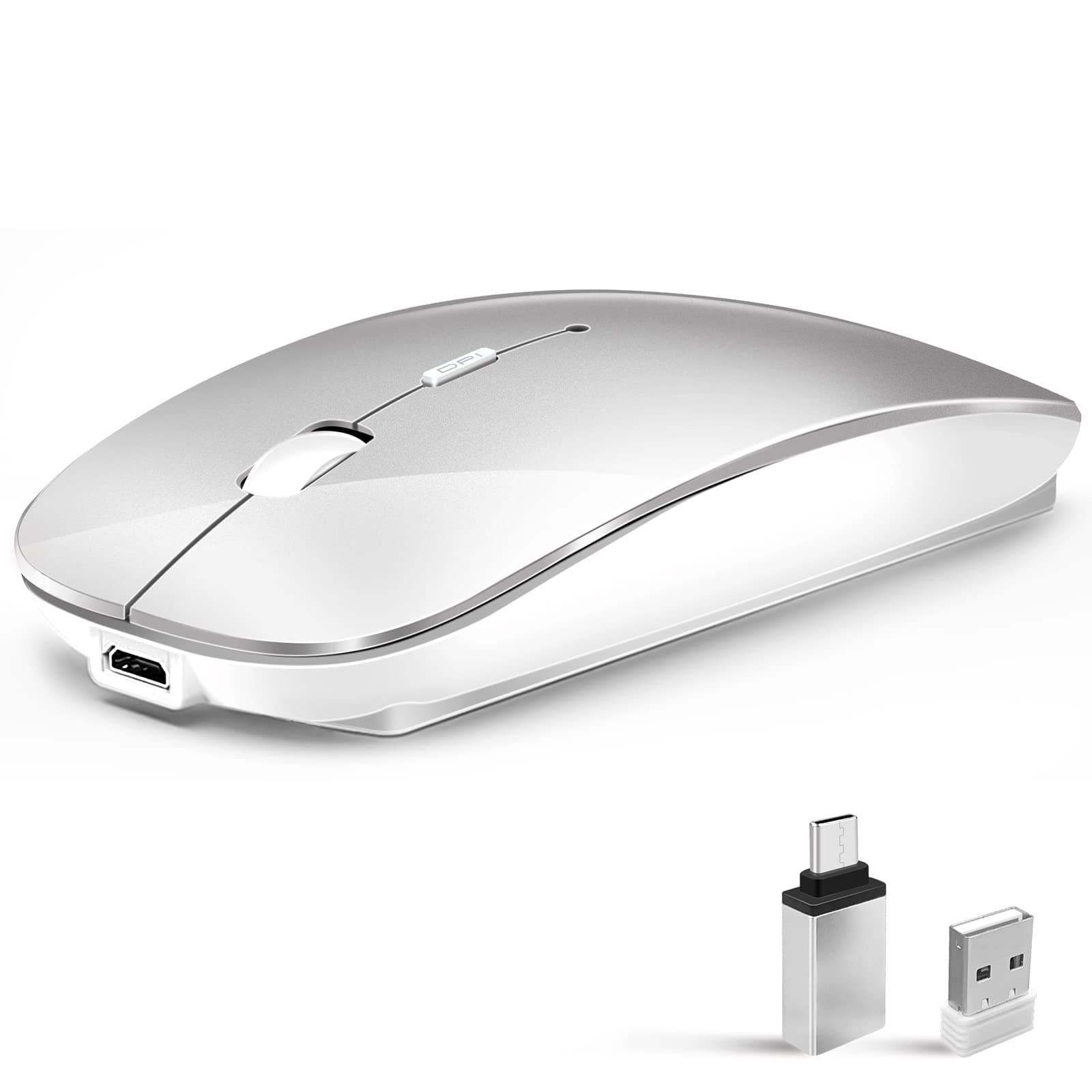 Wireless Mouse for Laptop, Bluetooth Mouse for MacBook Pro/Air/Mac/iPad/Chromebook/Computer -Rechargeale Dual Mode(USB 2.4Ghz + Bluetooth 5.2) Silent Cordless Mice with USB C Adapter,Silver