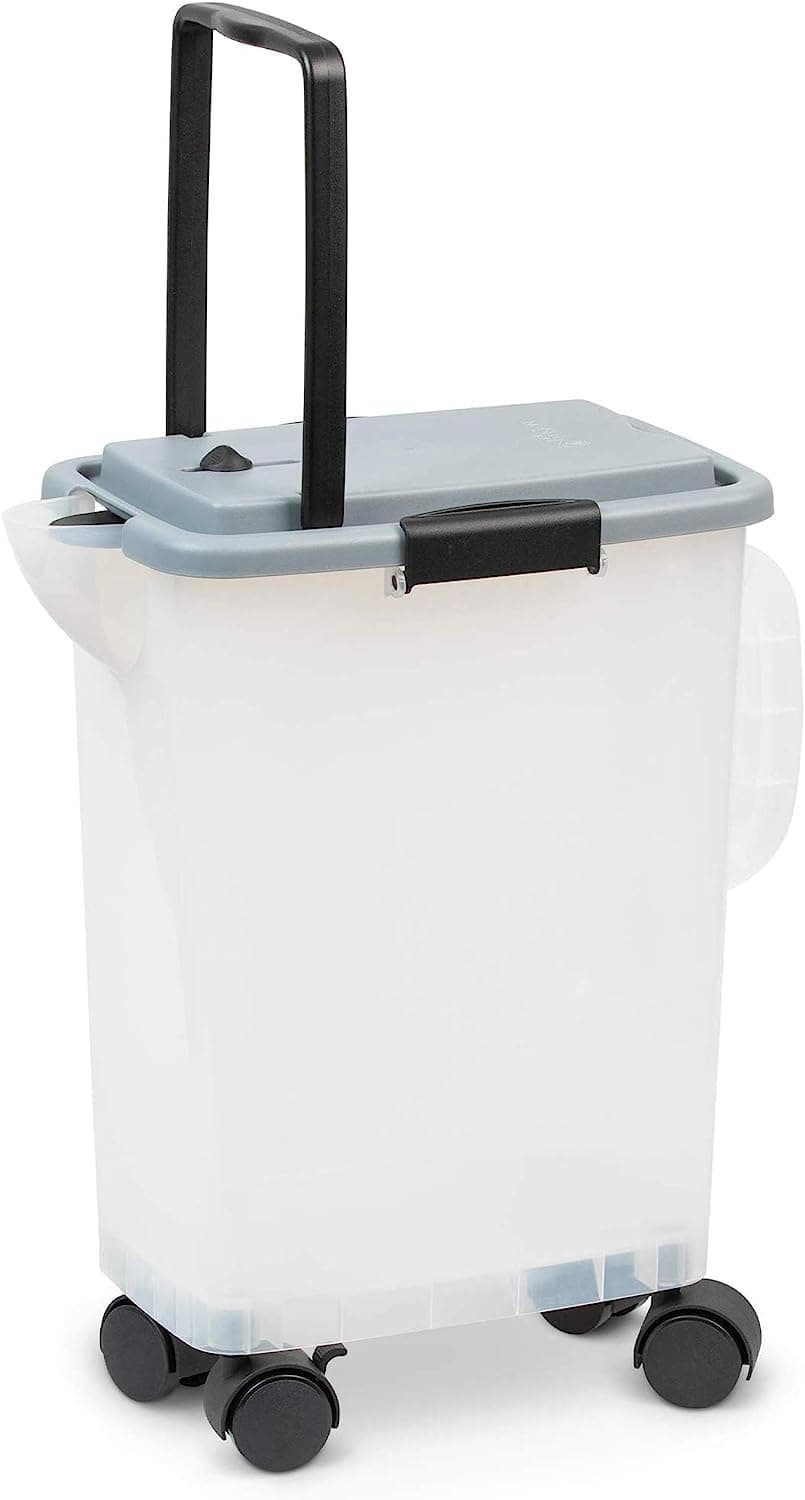BetterBin Portable Litter Storage Bin Container (16.5 x 11.7 x 19 lwh) | Holds up to 25 lbs/10 Gallons; Great for Dry Dog & Cat Food | Adj Spout, Back & Top Handles, Heavy Duty Wheels