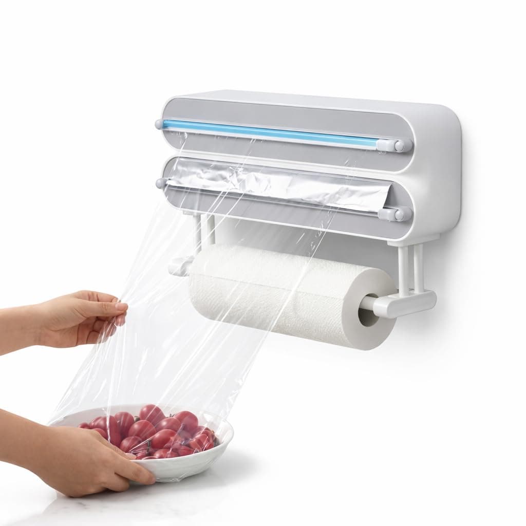 3 in 1 wrap organizer with cutter includes 2 rolls of plastic wrap and aluminum foil dispenser, magnetic paper towel holder for fridge, foil and plastic wrap organizer, magnetic paper towel holder