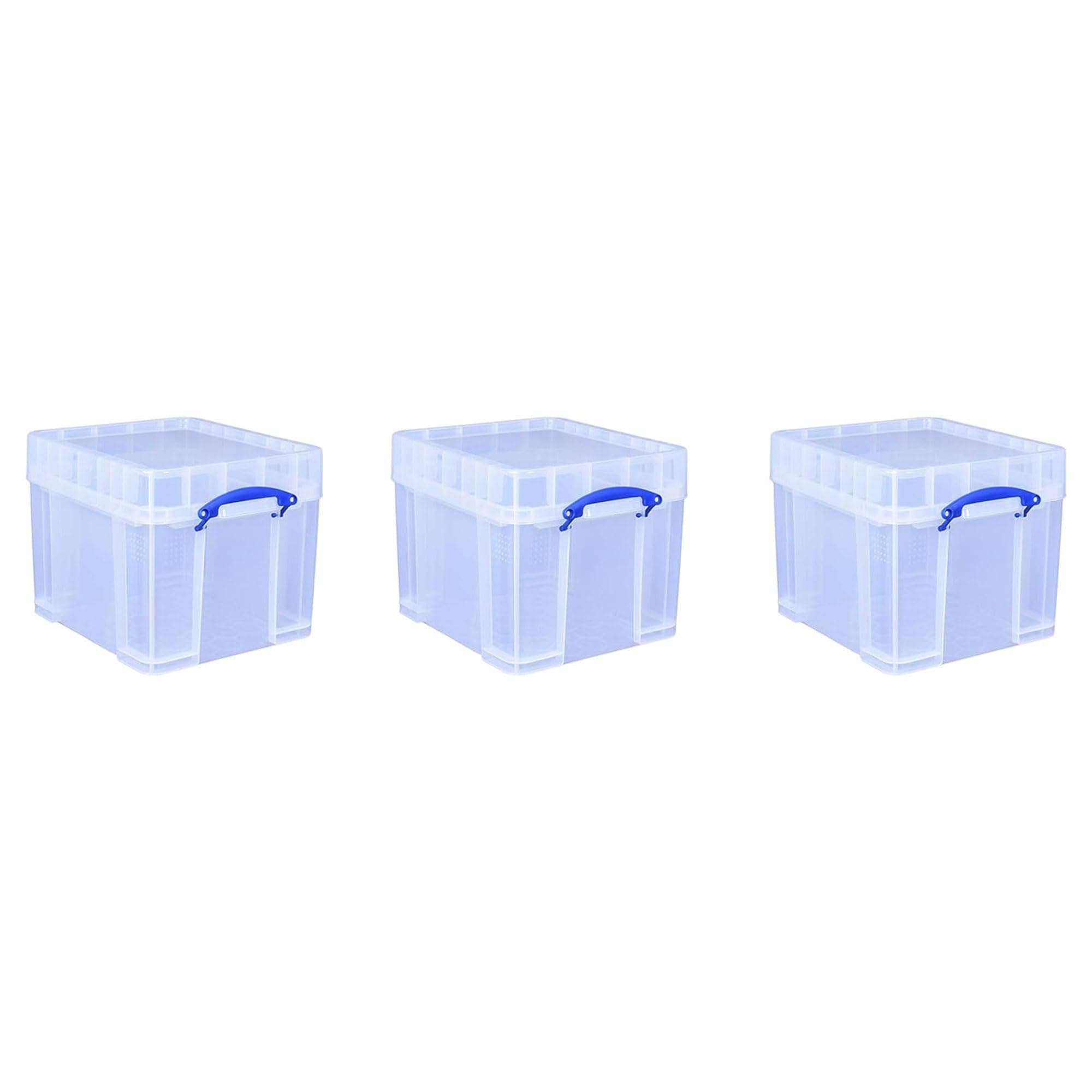 - Really Useful Box 35 Liter Plastic Stackable Storage Container with XL Snap Lid & Built-in Clip Lock Handles for Home or Office Organization, 3 Pack