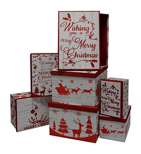 Christmas Boxes Nested with lids, Holiday Prints in Assorted Small Medium and Sizes and Colors, (Red and White Cheer, 7-Count)