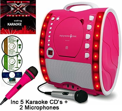 X Factor Karaoke CD Version - Portable Karaoke Machine & CD Player - Classic 343 PARTY PACK 2 - Home Disco Party Light – Girls / Boys Karaoke microphone (inc 2nd Mic in PINK) + 86 Karaoke SONGS (5 CD ' S) CDG + Format (Connect to a TV to display lyrics from CD) - Echo - Auto Voice Control + AUX IN: Connect MP3 player, iPhone, iPod, Mobile Phone / Smart Phone eg: Samsung Galaxy, Sony Xperia, etc (use as a speaker) by The Singing Machine (Party Pack 2 (5 CDs - 2 Wired Mics), Pink)