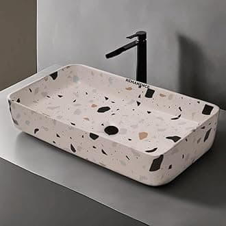 REMANENCE Designer Table Top Wash Basin For Bathroom | Ceramic Bathroom Sink | Wash Basin Over Counter Bathroom Basin (24 x 14 x 4 Inch) (Designer White N Multi)