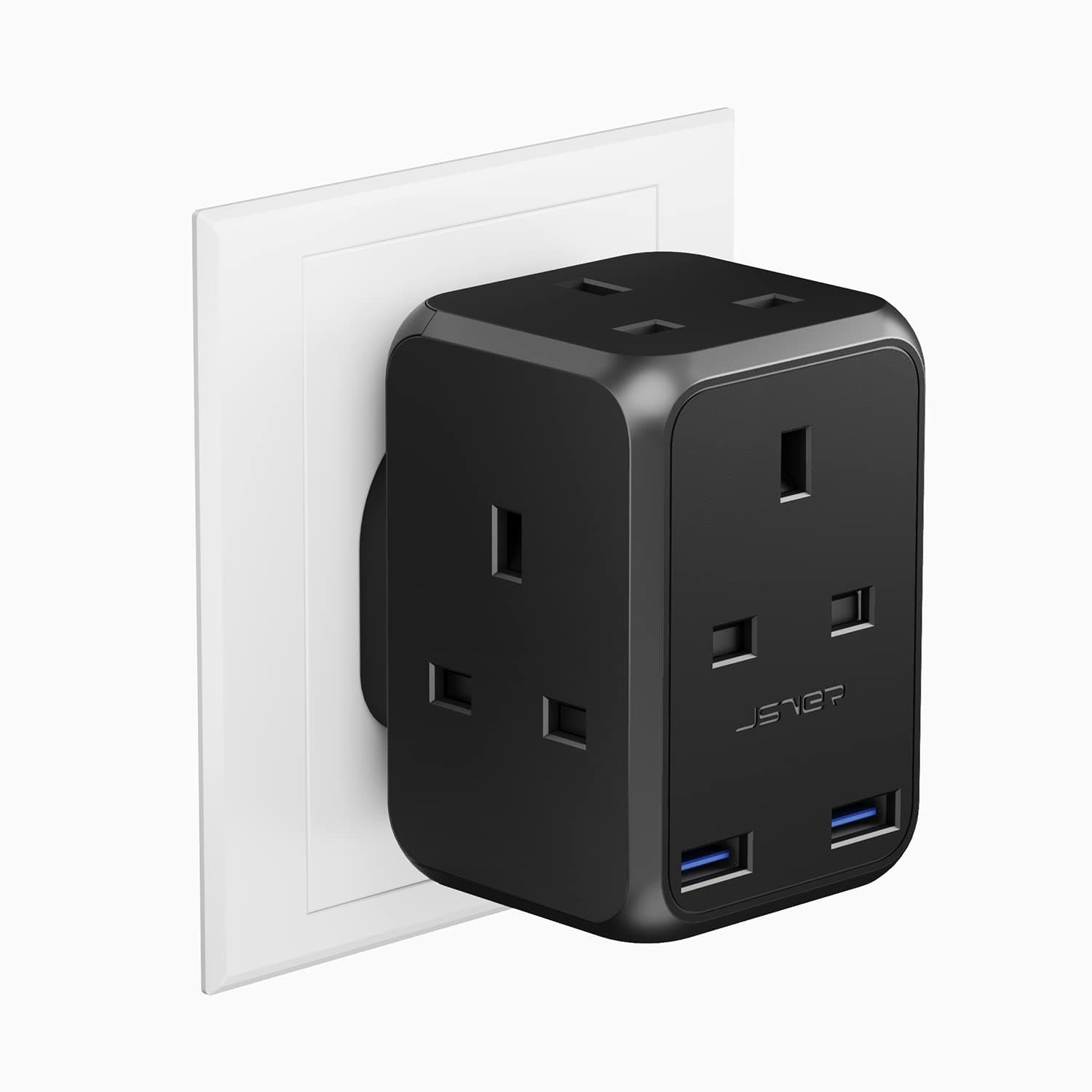 JSVER Plug Adapter USB with 4 Way Sockets 13A Cube Extension Plug Plug Extension Wall Socket Wall Plug Extender for Home, Office Black