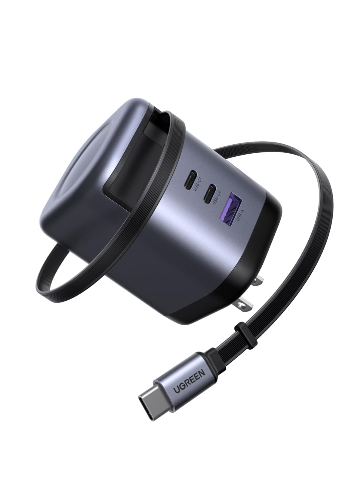 100W Type-C Charger 【75CM Retractable】 8-Step Adjustable Built-in USB-C Cable 4-Port Simultaneous Charging PD3.0 Suitable for Travel/Business/Storage/Smartphones/Computers/Type-C Compatible