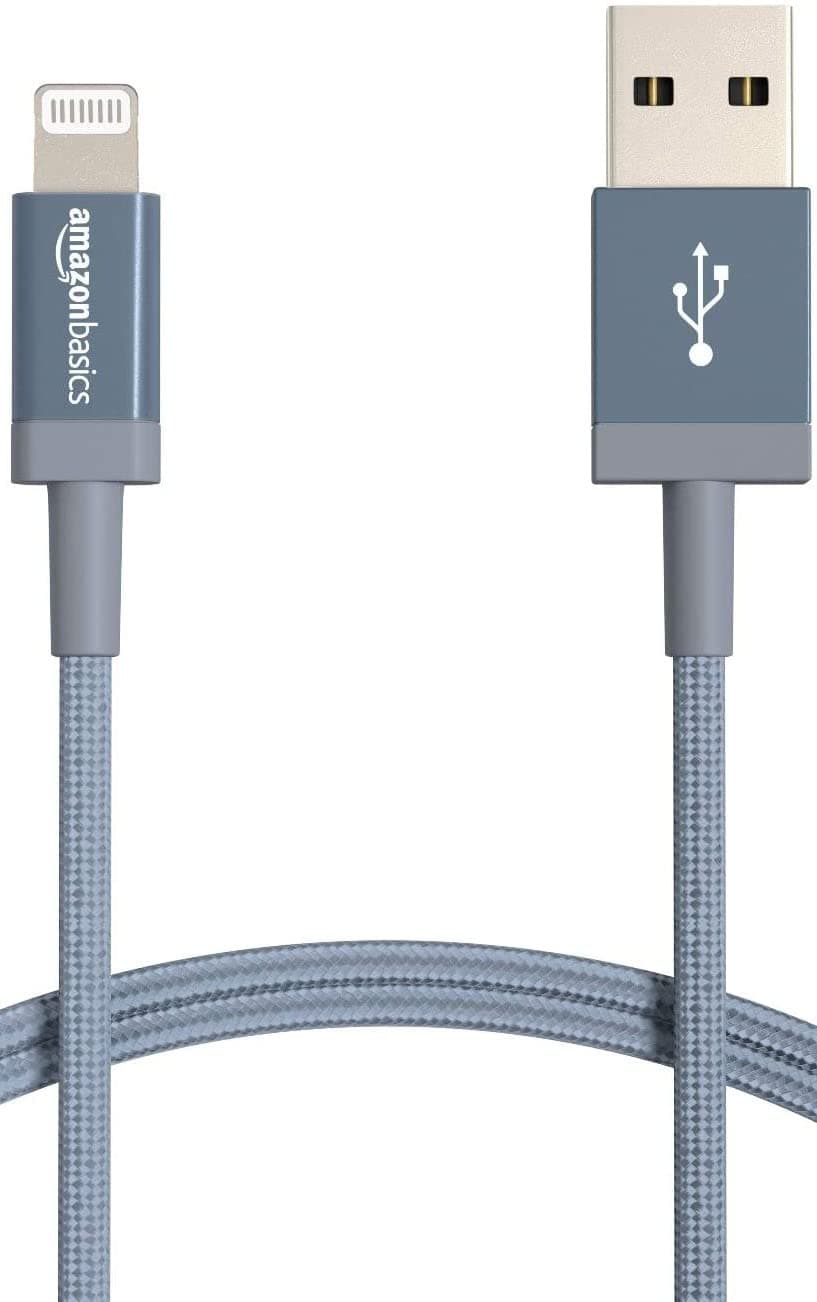 - Amazon Basics USB-A to Lightning Cable, Apple MFi Certified, Nylon Braided Cord, Fast Charging, Durable, Sturdy, 3 Foot, Dark Gray