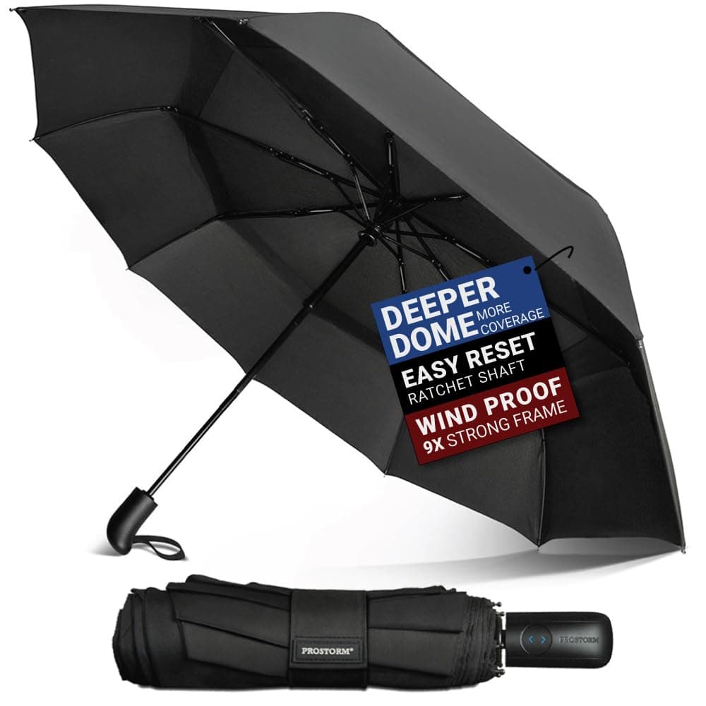 Prostorm Vented Travel Umbrella | Strong Compact Windproof Umbrella | Deep Dome Coverage | Auto Open/Close | Portable Pop Up with Large Coverage | Fits Car & Backpack