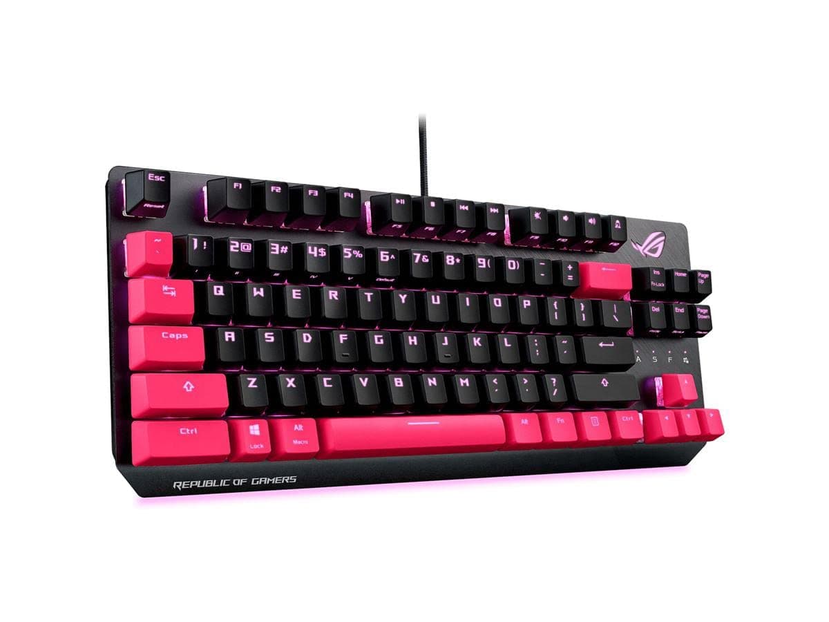 ASUS ROG Strix Scope TKL Electro Punk Mechanical Cherry MX Red Switches 2X Wider Ctrl Key for Greater FPS Precision Aura Sync RGB Lighting, Quick-Toggle Wired Gaming Keyboard - Black Pink
