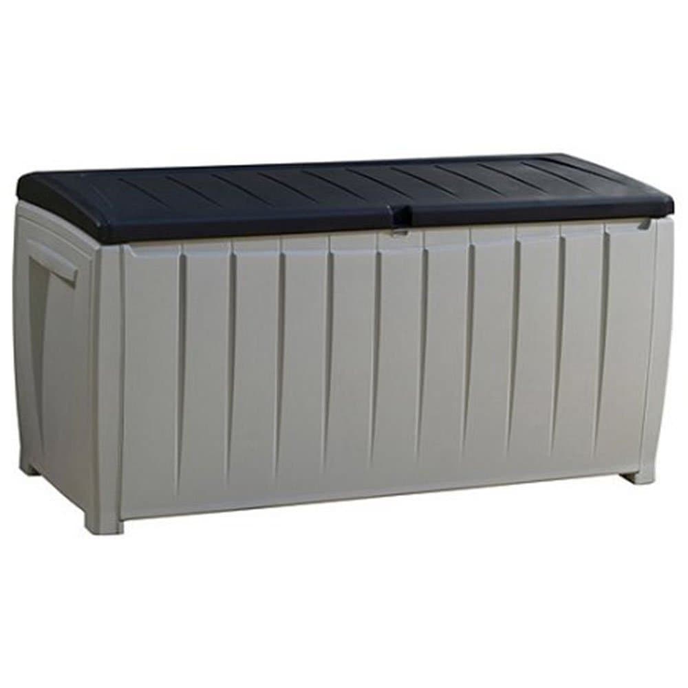 Top Selling Solid Plastic Weather Proof Two-Tone Black Gray 90-Gallon Lightweight Storage Container Bench Utility Box- Perfect For Deck Pool Patio Storage Room- Deep Cargo Hull Flip Up Lid Durable