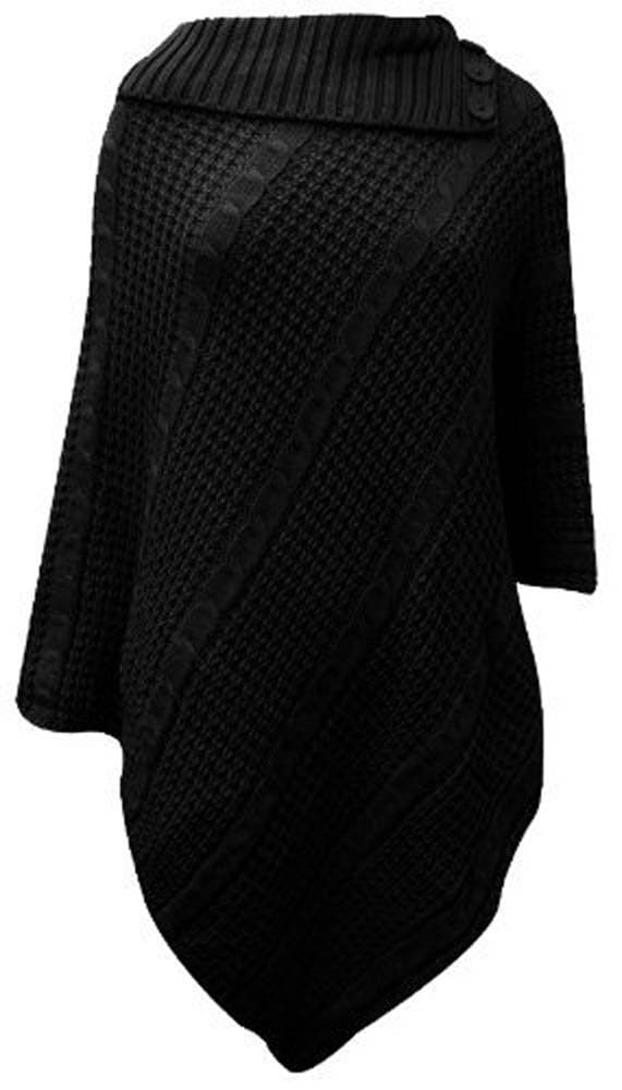 New Womens Big Plus Size Cable Knitted 3 Button Cape Poncho Ladies Jumper (US(18-20) UK(20-22), Black)