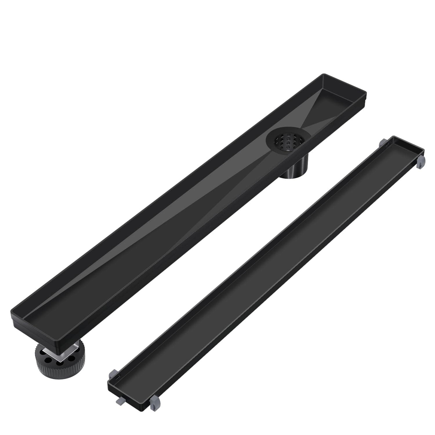 EXF Offset Linear Shower Drain 24 Inch Matte Black with Reversible Flat & Tile Insert Cover, Stainless Steel Rectangle Shower Floor Drain with Hair Catcher, Adjustable Feet