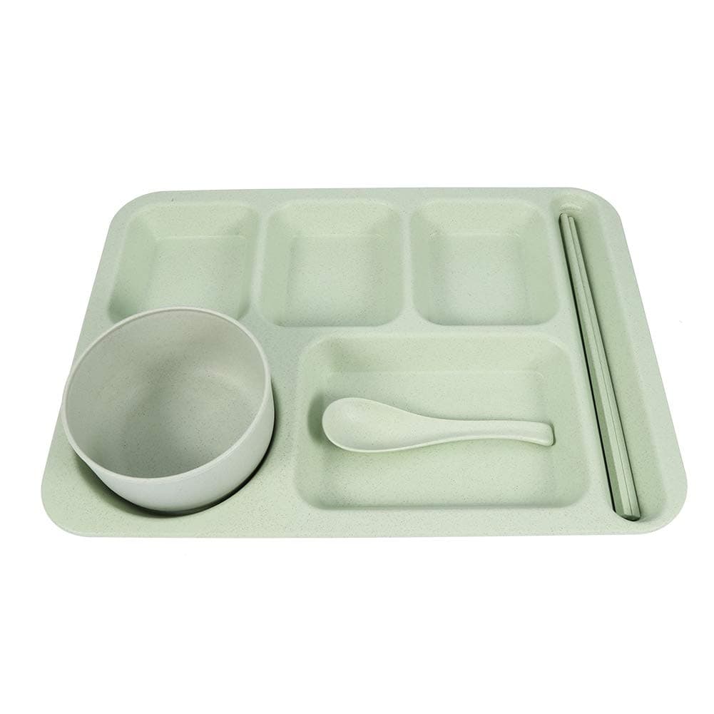 5-sections Wheat Straw Divided Plates Set Dinnerware Tableware Set with Chopsticks Fork Spoon Bowl Tableware for Students(Green)