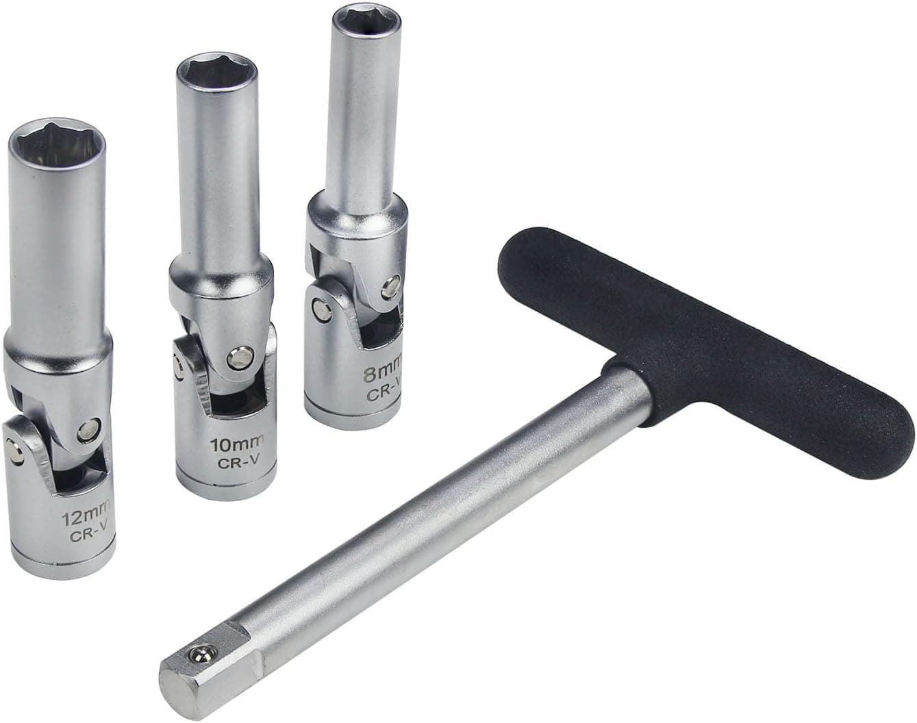 4 Piece Glow Plug Socket Set with 3/8" Dr T-Bar, Glow Plug Sizes (8mm, 10mm, 12mm) Ideal Broken Glow Plug Removal Tool