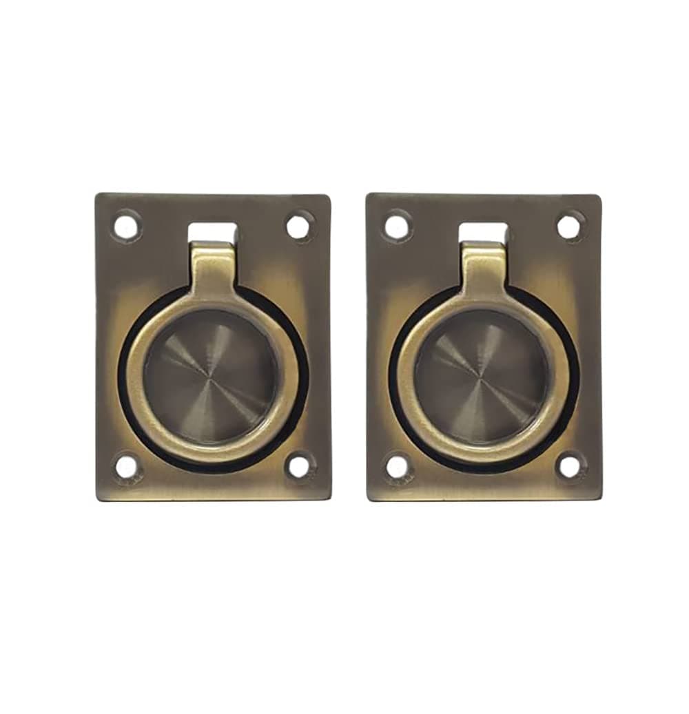 QCAA Solid Brass Flush Ring Pull, 2-1/2" x 1-7/8", Antique Brass, 2 Pack, Made in Taiwan