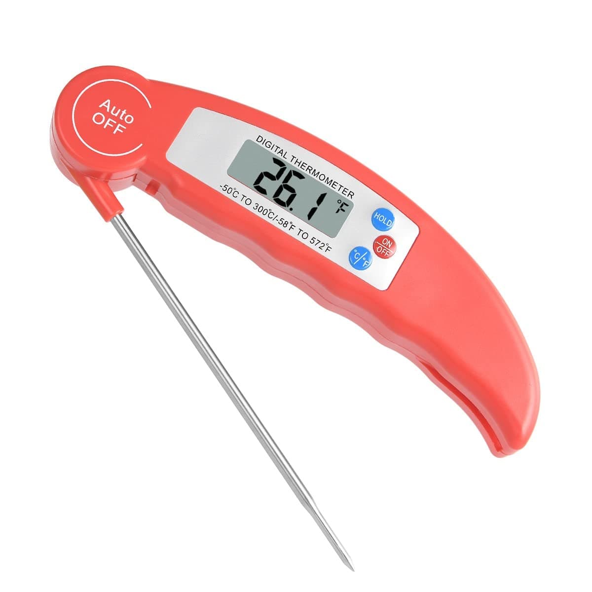 Digital Instant Read Meat Thermometer, High Accuracy Foldable Long Probe Food Cooking Thermometer with °F/°C, Auto On/Off, Red