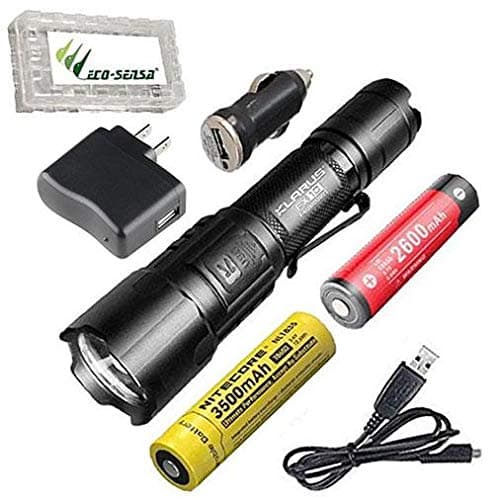 Combo: Klarus FX10 Adjustable Focus Rechargeable Flashlight -CREE XP-L HI V3 LED -1000 Lumens w/Free USB Adapters +2600 & 3500mAh Batteries & Free Eco-Sensa Battery Case