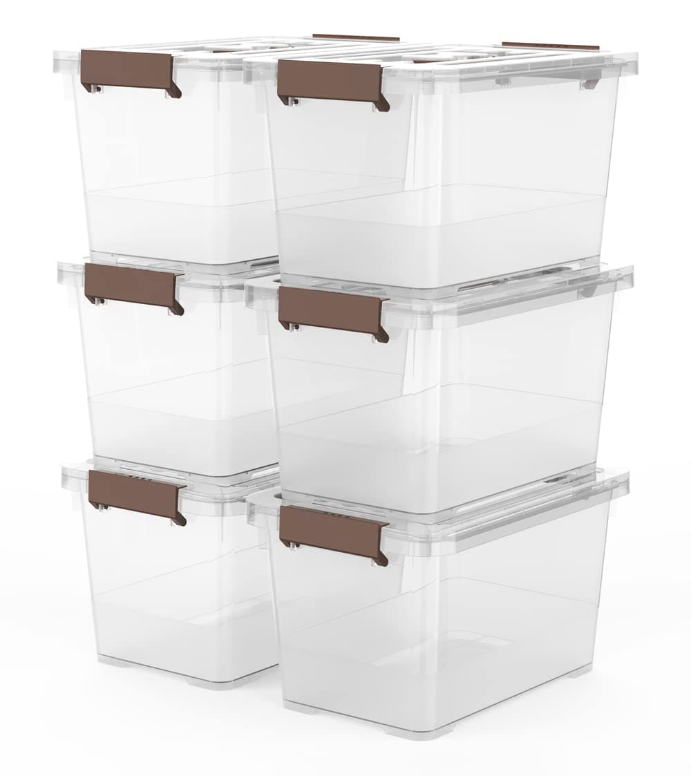6-Pack Clear 7 Quart Storage Latch Box/Bins, Plastic Stackable Latching Box with Brown Handle and Lid, Multi-Purpose, 7 Litre