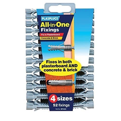 All in One Multi Purpose Multi Fix Use Assorted Size Wall Plugs Heavy Duty Raw Rawl Plug Fixings Brick Stone Cement Concrete Hollow Cavity Partition Partitioning Drywall Professional Hanging Clamps Screw Fixing in Different Sizes  Pack of 52