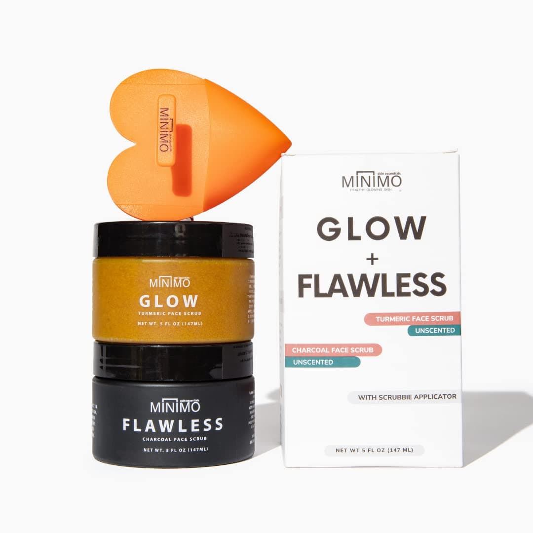 Minimo Glow + Flawless Combo Pack - 5 Fl Oz Each Natural Ingredients For Dark Spots Uneven Skin Tone & Scarring from Breakouts - Heart Applicator Included - No Mix, Ready to Apply