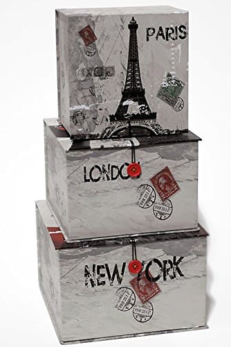 Risewell Stylish Paper 3-Piece Nested Metropolitan Square Box Set with Red Button (Pattern of New York, Paris, & London) (Gift Box or Storage Box)