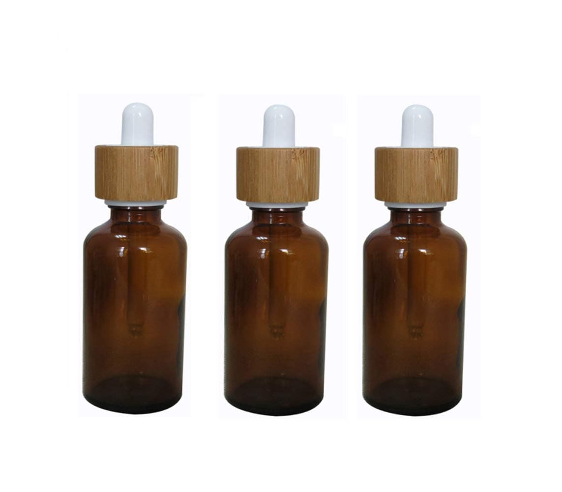 3PCS 30ML/1OZ Empty Refillable Amber Glass Dropper Bottle Sample Cosmetic Storage Container Jar Vial With Glass Eye Dropper and Bamboo Cap For Perfume Essential Oil Aromatherapy