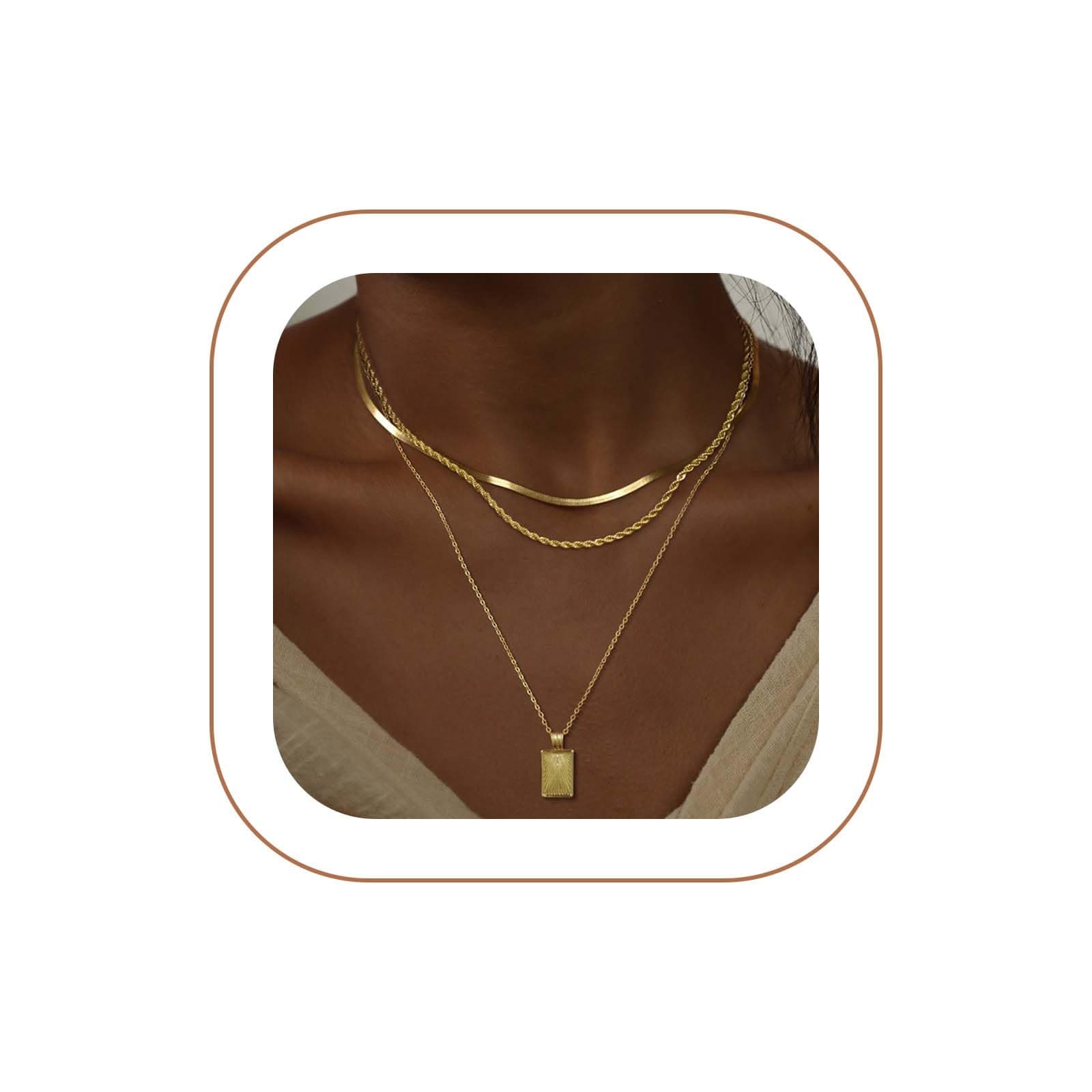 Layered Gold Silver Necklaces for Women, Stackable Stack 14K Real Gold Plated Silver Chain Necklace Diamond Circle CZ Layering Pendant Necklaces Trendy Gold Jewelry Set Gifts, 14.2 inches, 15.7 inches