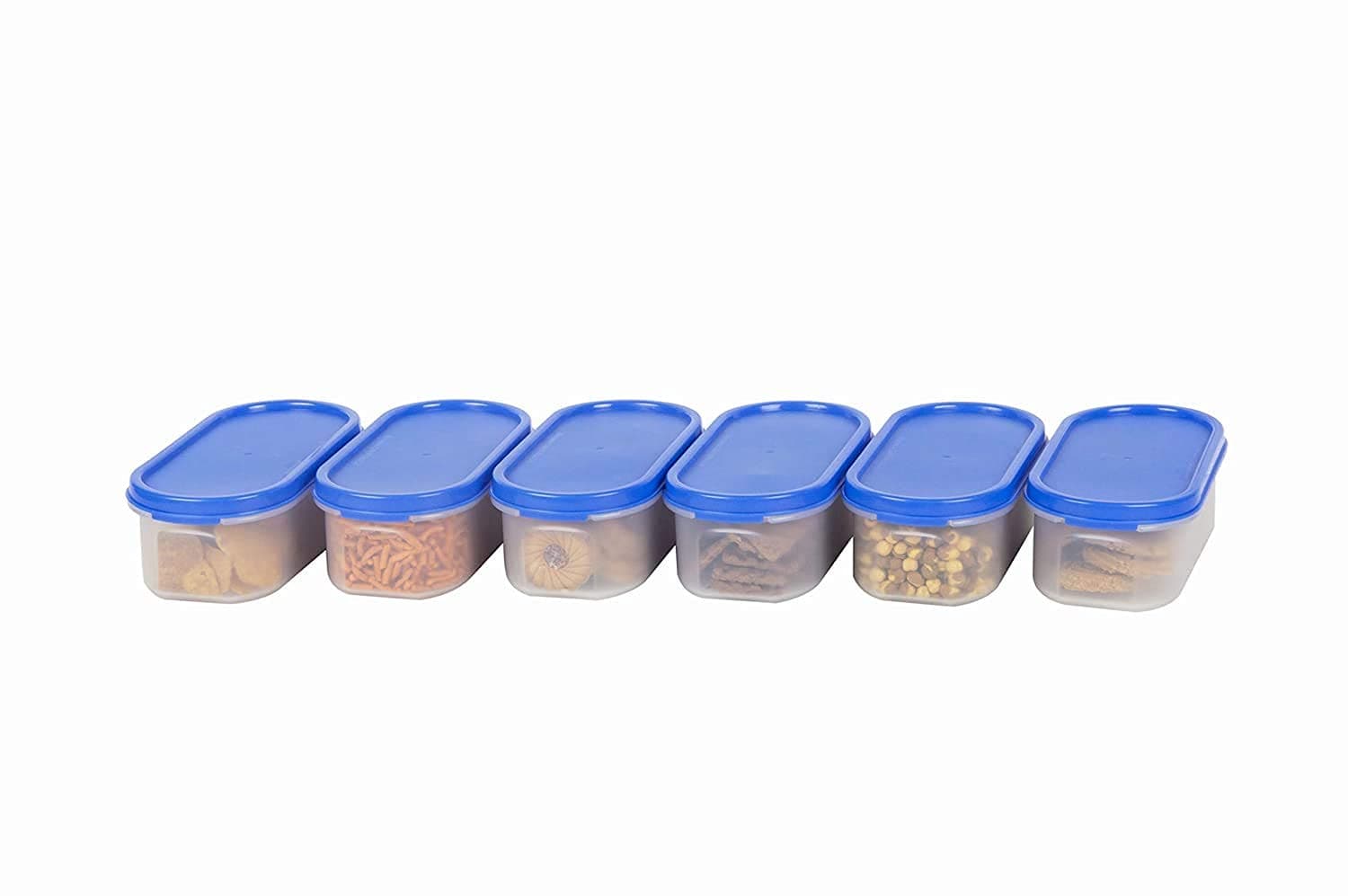 SIMPARTE Modular Containers Oval with Plain Lids Set for Rice, Dal,Atta, Flour, Cereals, Pulses, Snacks, Stackable (6 x 535 ML) Set of 6 - Blue Lids