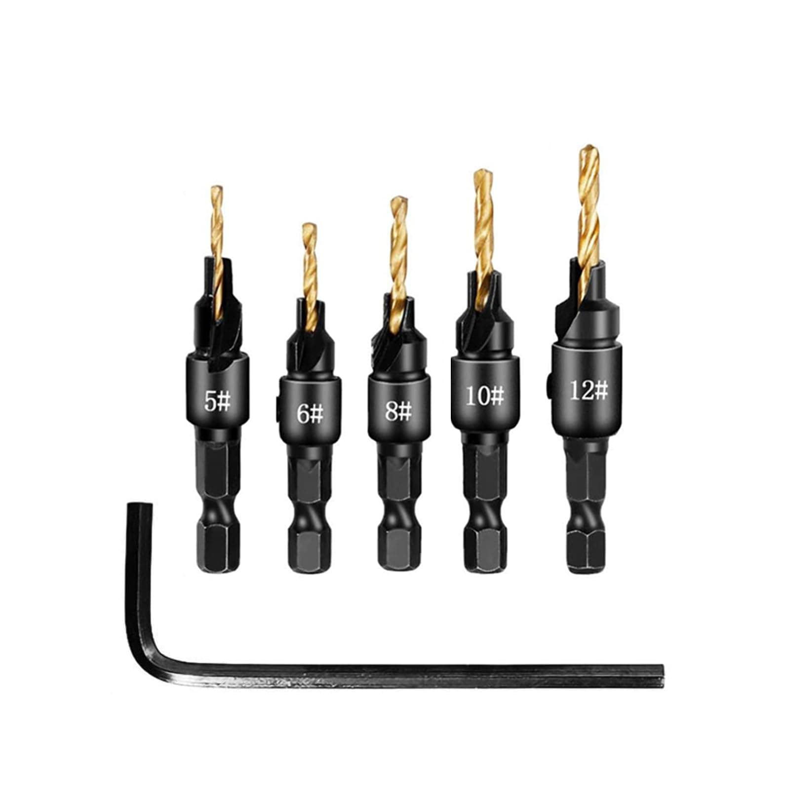 5Pcs Countersink Drill Bit Set,Titanium Plating 1/4inch Hex Shank Power Tools and HSS Quick Change Drill Bit Woodworking Chamfer Tool Adjustable for Wood Drilling,Plastic,Soft Metal,PVC