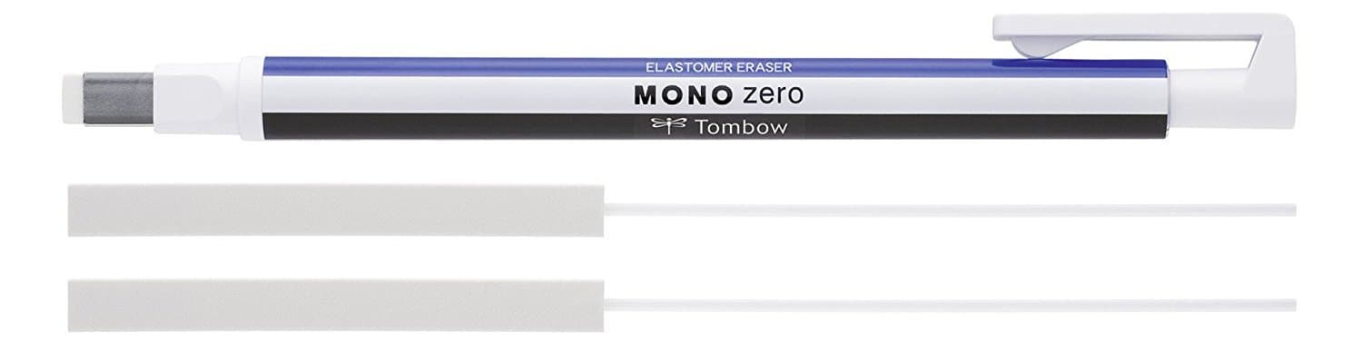 Tombow EH-Kus Mono Zero Precision Eraser Refillable Square Tip 2.5 mm x 5 mm White/Blue/Black + 2X Refill Erasers