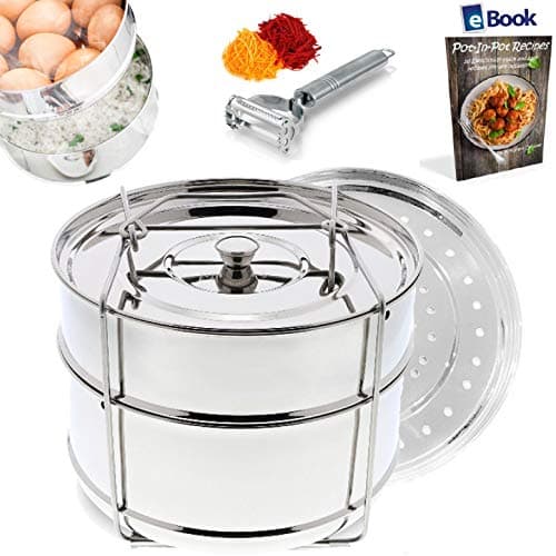 PREMIUM Stackable Steamer Insert Pans - With Sling - BEST Bundle - Fits Instant Pot Pressure Cooker 6 Qt & 8 Quart - 100% Stainless Steel - BONUS Accessories - Salt & Pepper Shakers + eBook |Instapot