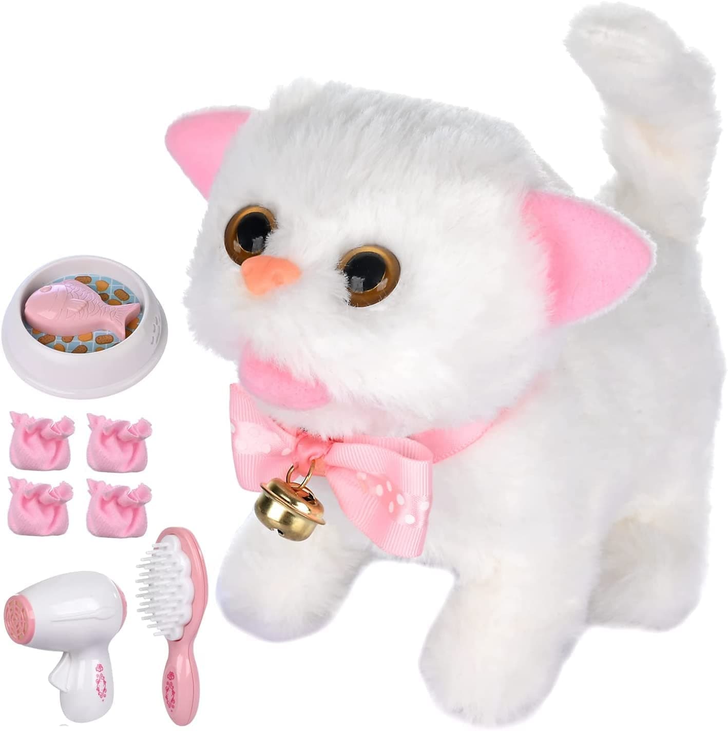 Electronic Plush Interactive Cats for Kids That Move and Meow Walking Lifelike Interactive Toy Robot Kitten Pet Cute Stuffed Kitten for Girls Kids (White)