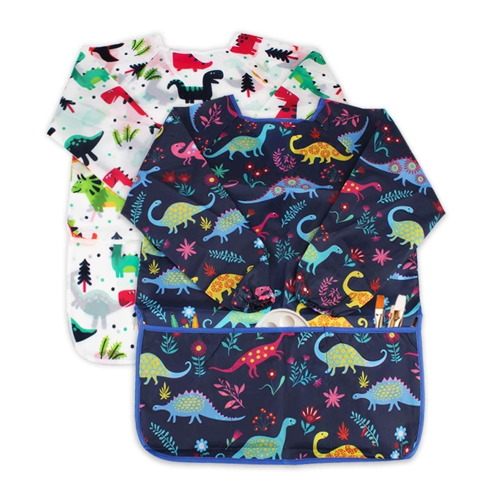 Kids Art Smocks 2 Pack Dinosaur Painting Apron for Children Waterproof Artist Smock with Long Sleeve and 3 Pockets for Age 3-8 Years