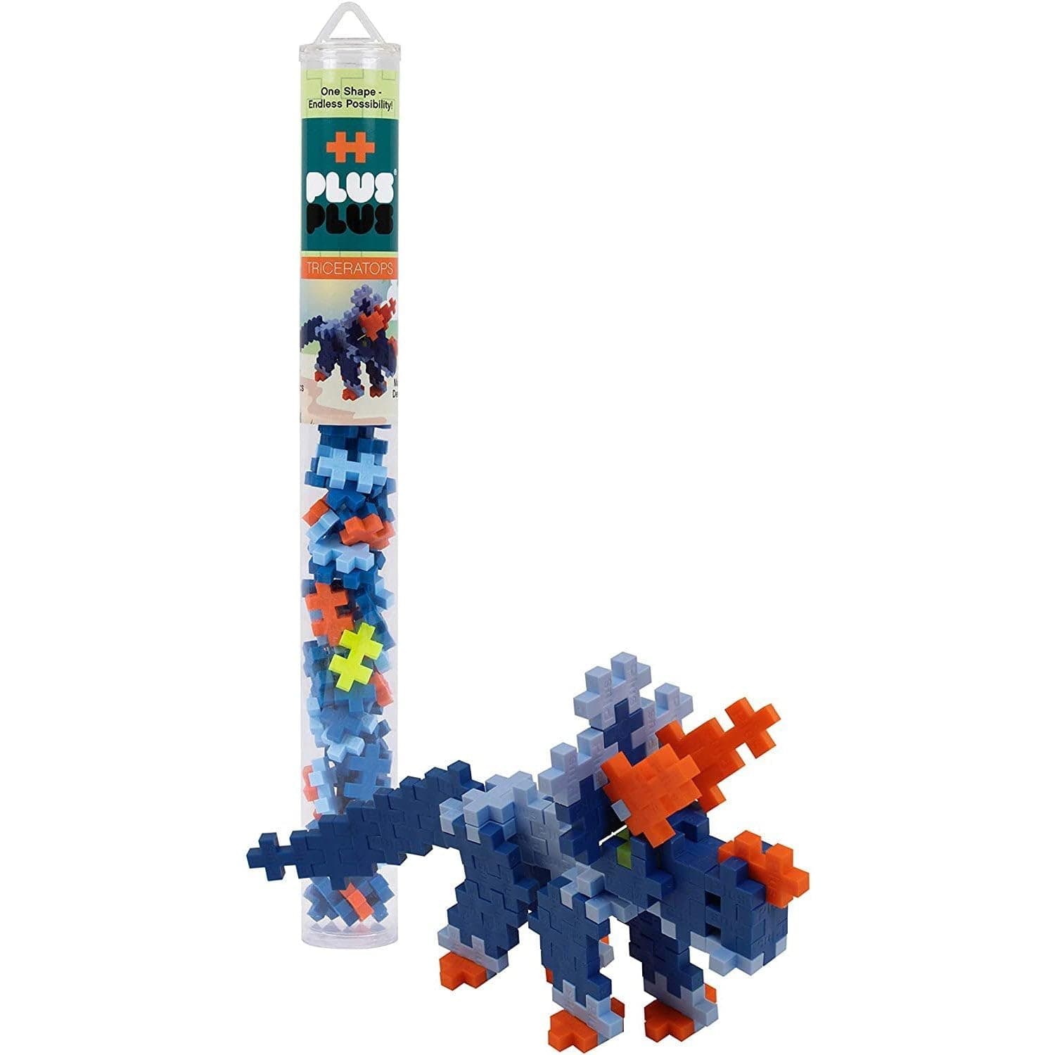 Plus Plus 3D Dinosaur Figure Building Block Set, 70 Mini Interlocking Puzzle Pieces, Fun Stem Toys for Kids - Triceratops Maker Tube
