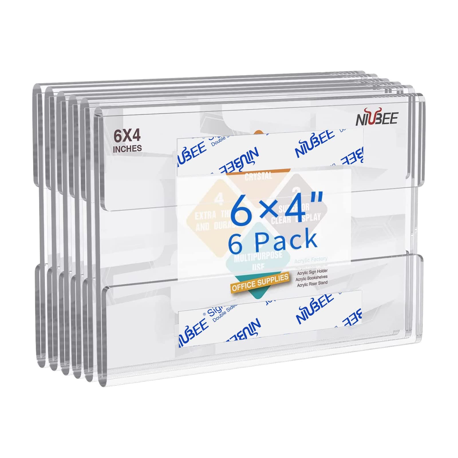 NIUBEE 4x6 inch Wall Mount Acrylic Sign Holder with Double Sided Adhesive Tape for Office, Home, Store, Restaurant, No Drilling - Horizontal (6 Pack)