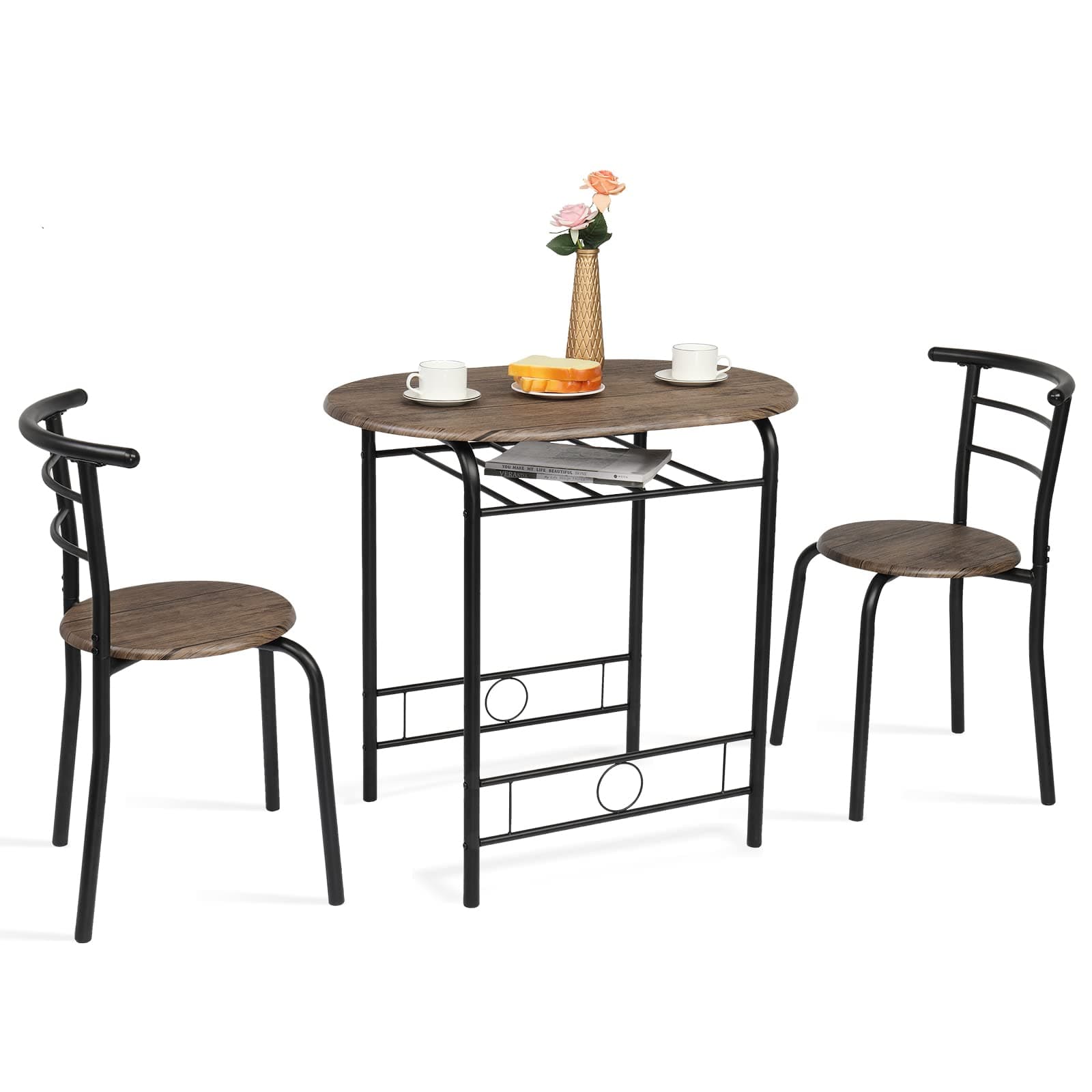 3 Piece Dining Set,Small Kitchen Table Set for 2,Breakfast Table Set for 2,Kitchen Wooden Table and 2 Chairs for Small Space/Dining Room/Apartment,Metal Frame,Wine Rack,Rustic
