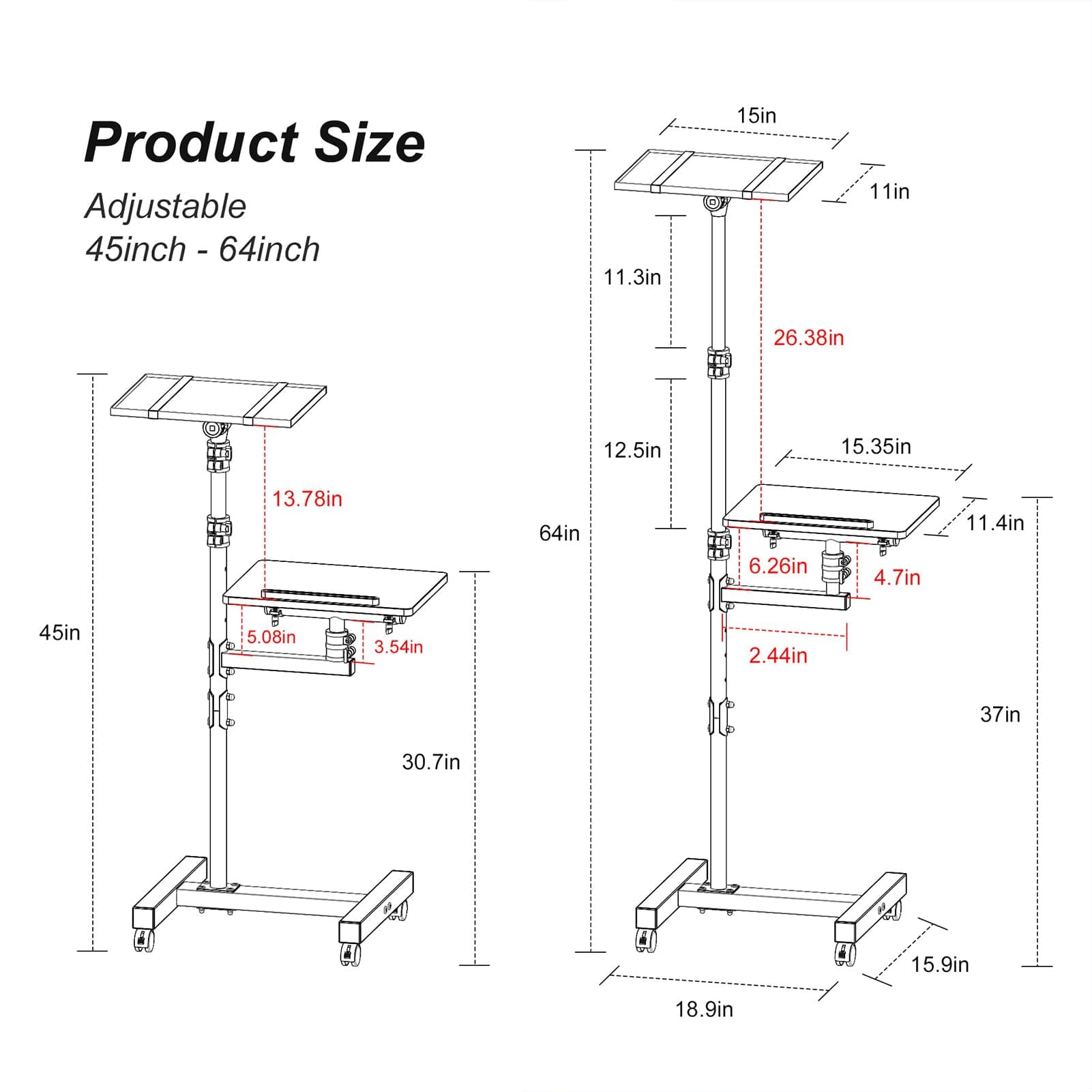 2 Shelves Projector Stand Tripod, Height Adjustable Max 64", Mobile Laptop Cart on Wheels Projector Tripod Stand, Overbed Table with Wheels, Rolling Laptop Floor Stand for Couch