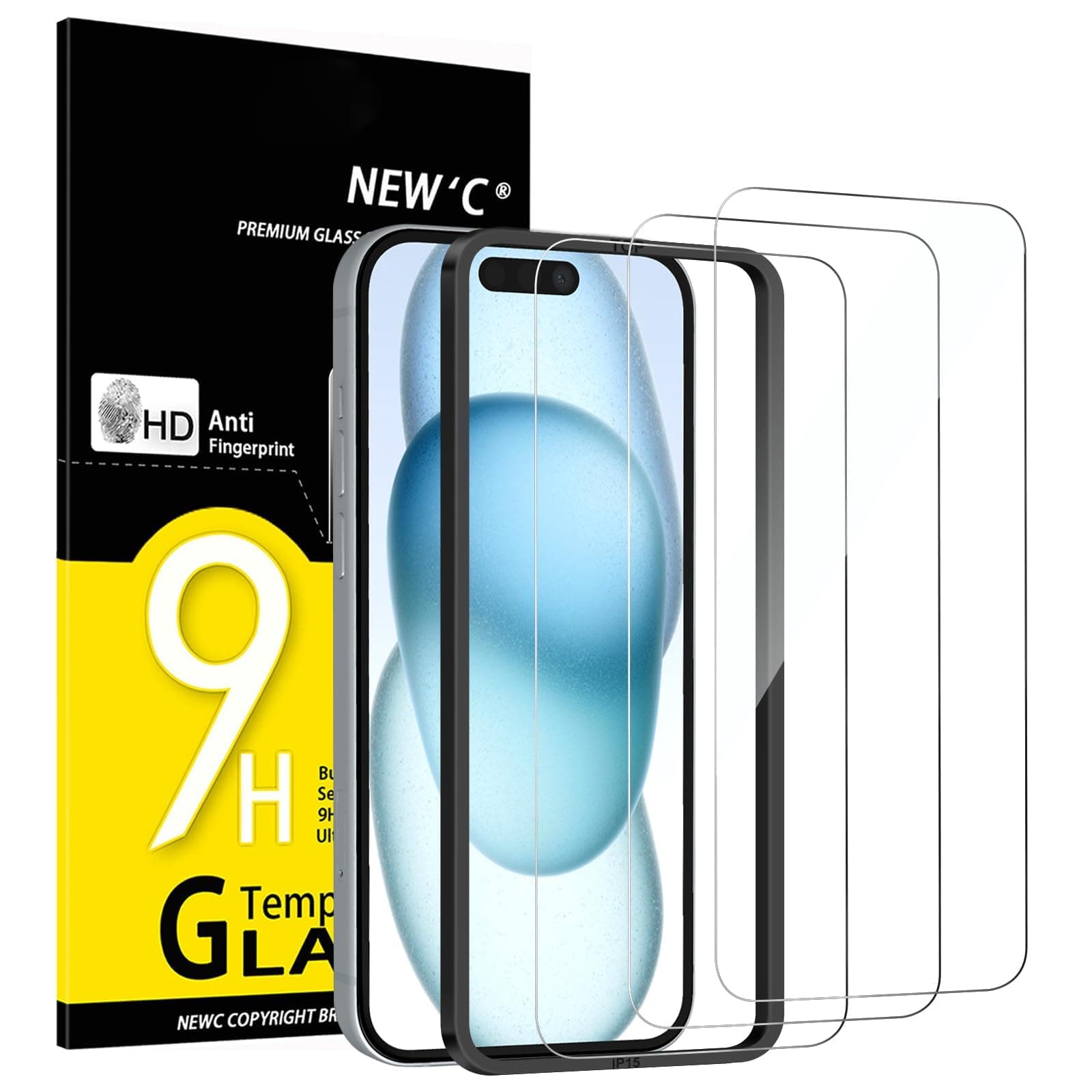 NEW'C 3 Pack Designed for iPhone 16, iPhone 15 Screen Protector (6.1 inches),Enhanced Tempered Glass Protection with easy installation tool included,Case Friendly Ultra Resistant | Tempered Glass, Case Friendly, Ultra Resistant