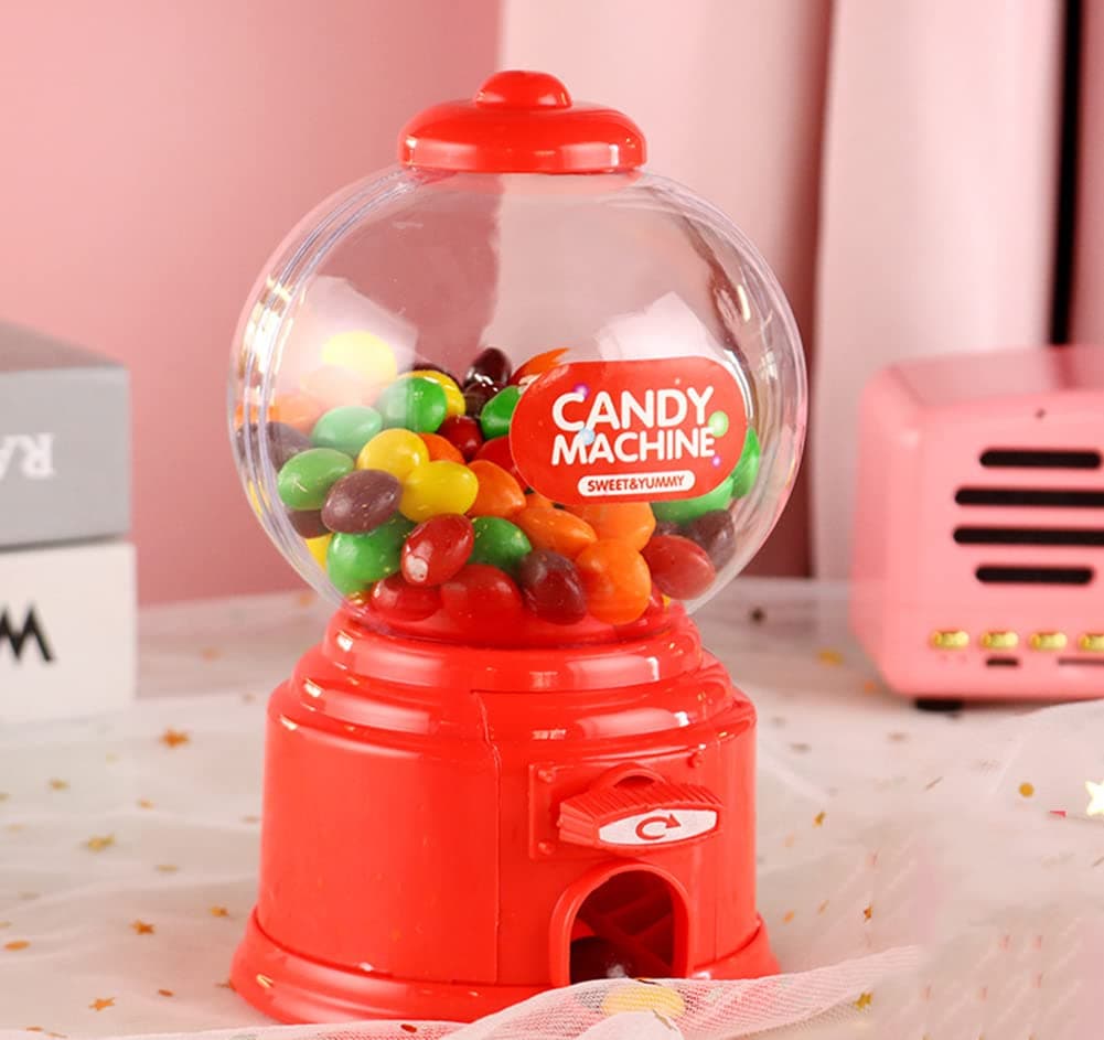 Candy Vending Machine, Portable Children Candy Machine Plastic Mini Gumballs Dispenser Kids Kindergarten Gift, Vending Machine, Vintage Style Sweet Bubblegum Fun Toy Machine for 3 age (Red)