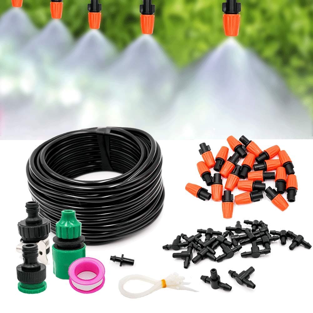 Mist Irrigation Kit Mist Cooling System,50ft 1/4'' Plant Watering Kit with Blank Distribution Tubing Hose, 20pcs Plastic Mist Nozzle Sprinklers for Garden Greenhouse Outdoor Patio
