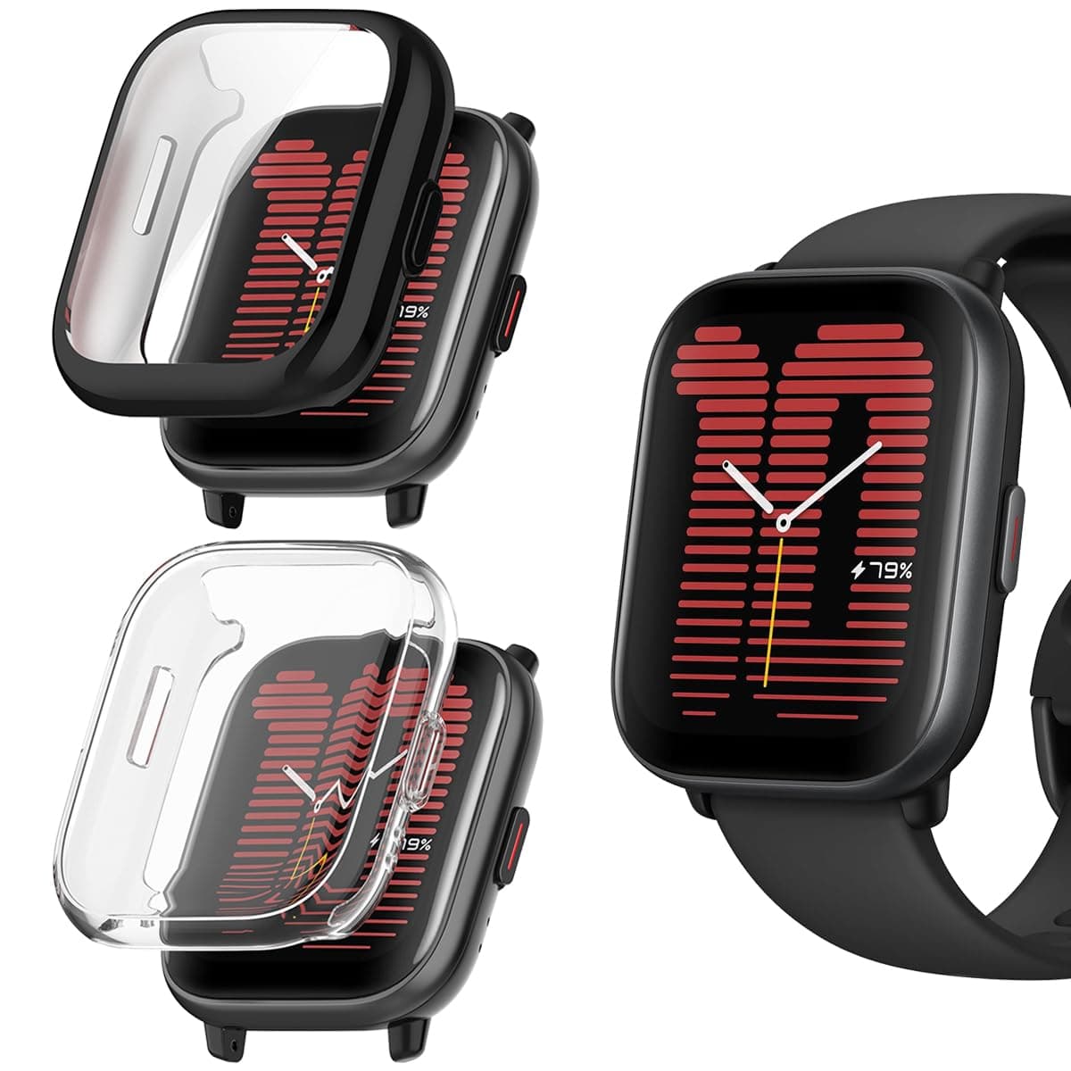 carinacoco 2 Pack Case Compatible for Amazfit Active With Tempered Glass Screen Protector, TPU Full Coverage Plated Watch Protective Cover Bumper Shell Cover, Black+Transparent