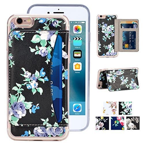 iPhone 8 Wallet Case, iPhone 7 Wallet Case, Tripky Flower Floral Flip Folio Wallet Cases PU Leather Magnetic Holster Phone Case for iPhone 7 / 8 with [kickstand] [3 Card Slots]-Black&Blue