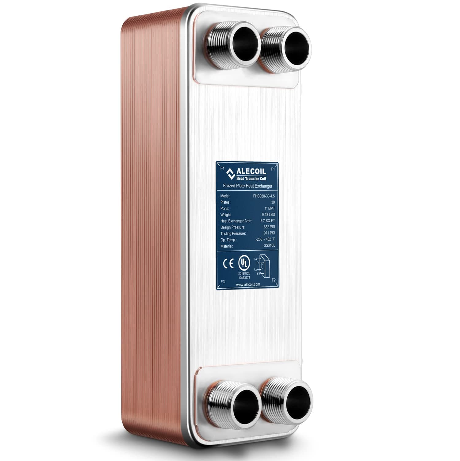 4"x12" 30 Plates Heat Exchanger with 1" MPT Port Water to Water 316L Stainless Steel Brazed Plate Heat Exchanger for Water Heating, Floor Heating, Commercial and Industrial Refrigeration